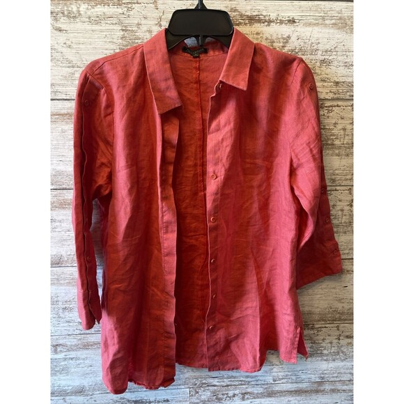 For Cynthia Linen 3/4 Sleeve Button Front Button Sleeve Shirt Red Size Small - Picture 2 of 8
